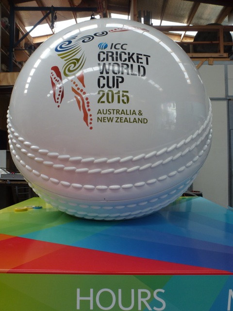 Close-up of a branded giant ICC Cricket World Cup fibreglass ball