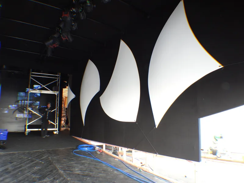Rear view of the sail-form installation during the exhibition fit-out