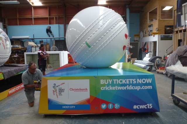 Giant cricket ball mounted on an ICC Cricket World Cup ticket promotion display