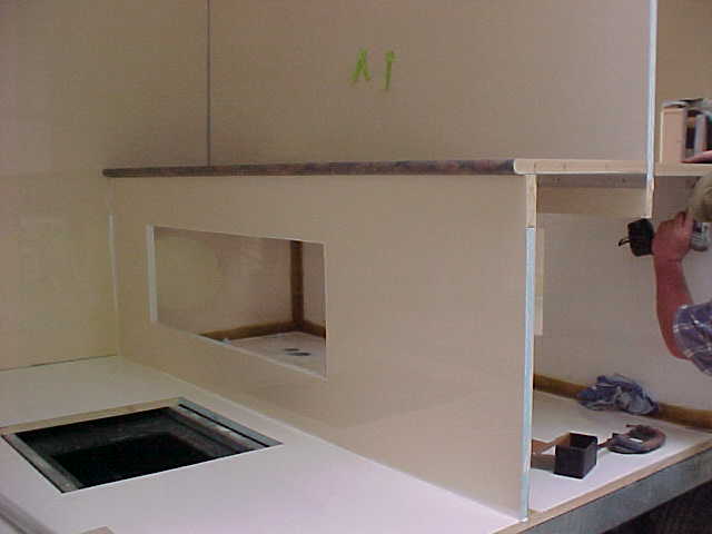 Interior bench and partition framework during the Super Loo fit-out
