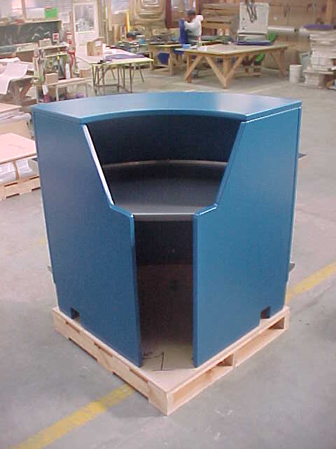 Freestanding blue airport counter module in the FDL workshop