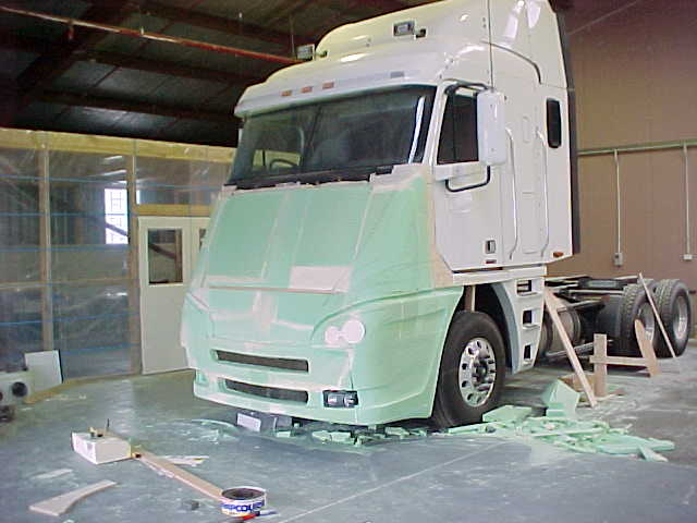 Mobile surgery truck with moulded fibreglass front prepared for finishing