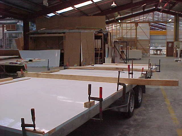 Fibreglass floor panels being fitted to the Super Loo chassis