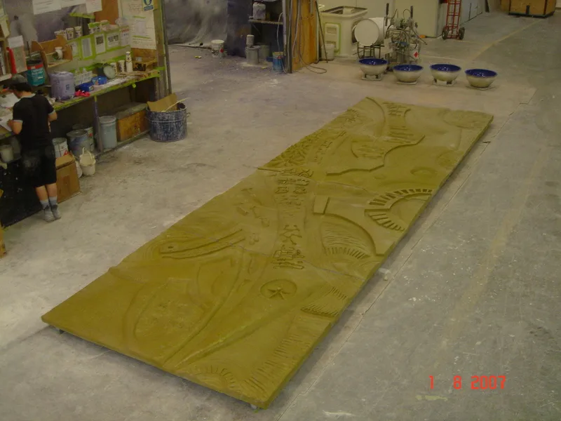Wall-relief panel during manufacture in the workshop