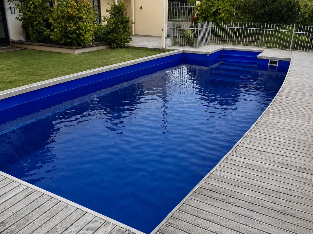 Dark blue rectangular fibreglass swimming pool with a timber deck