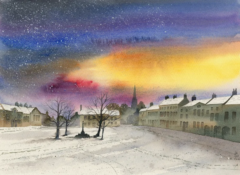 Masham Market Place, Snow Falling