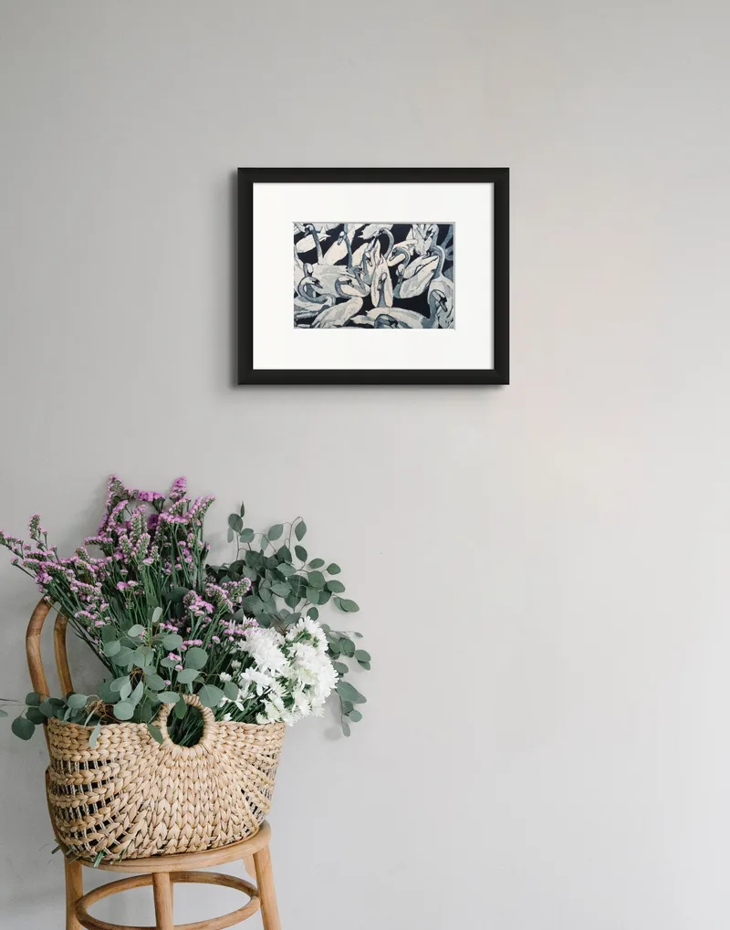 "Swanning Around" etching by Janis Goodman