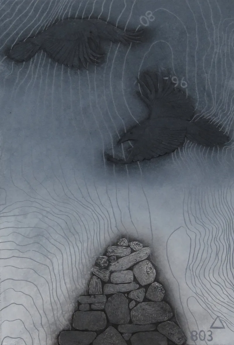 "Amid the Cairns" Collagraph by Hester Cox