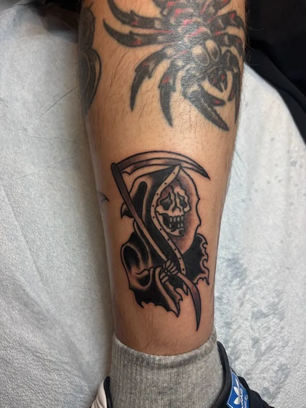 Black and grey Grim Reaper Tattoo by Jesse Grim Sin on Skin Tattoo Studio, Halifax