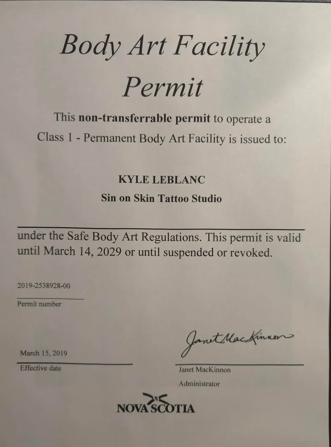 Sin on Skin Tattoo Studio ~ Body Art Permit.