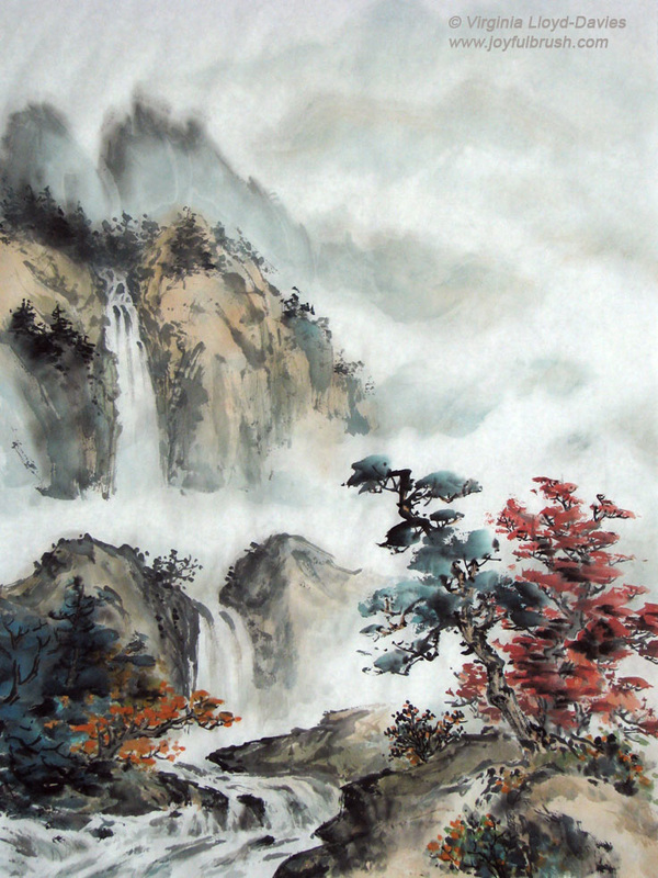 Chinese Brush Painting of Waterfall & Mountains on Single Raw Xuan Paper