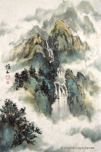 Painting of waterfalls on brown mulberry paper