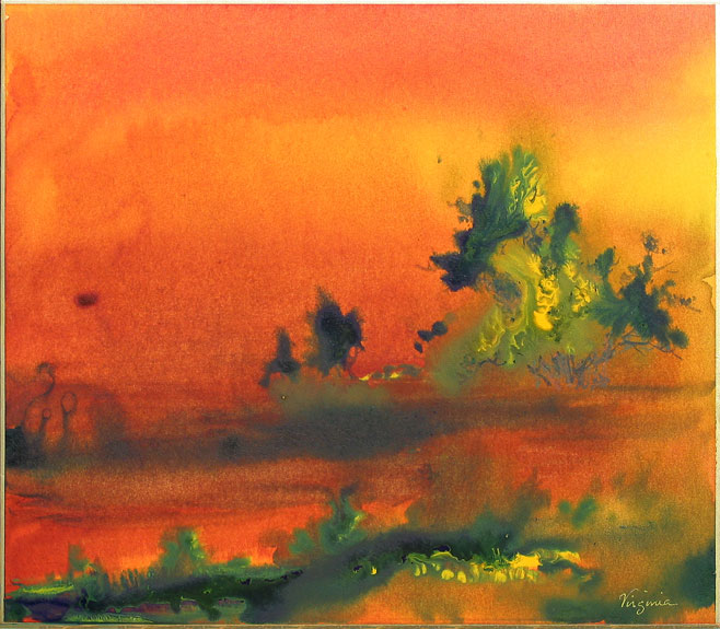 impressionistic painting in orange, green and yellow