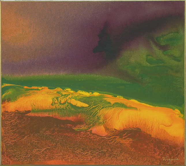 abstract impressionism of moving sand and sea in greens, yellows and browns
