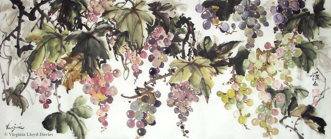 Chinese brush painting of grapes on Korean rice paper