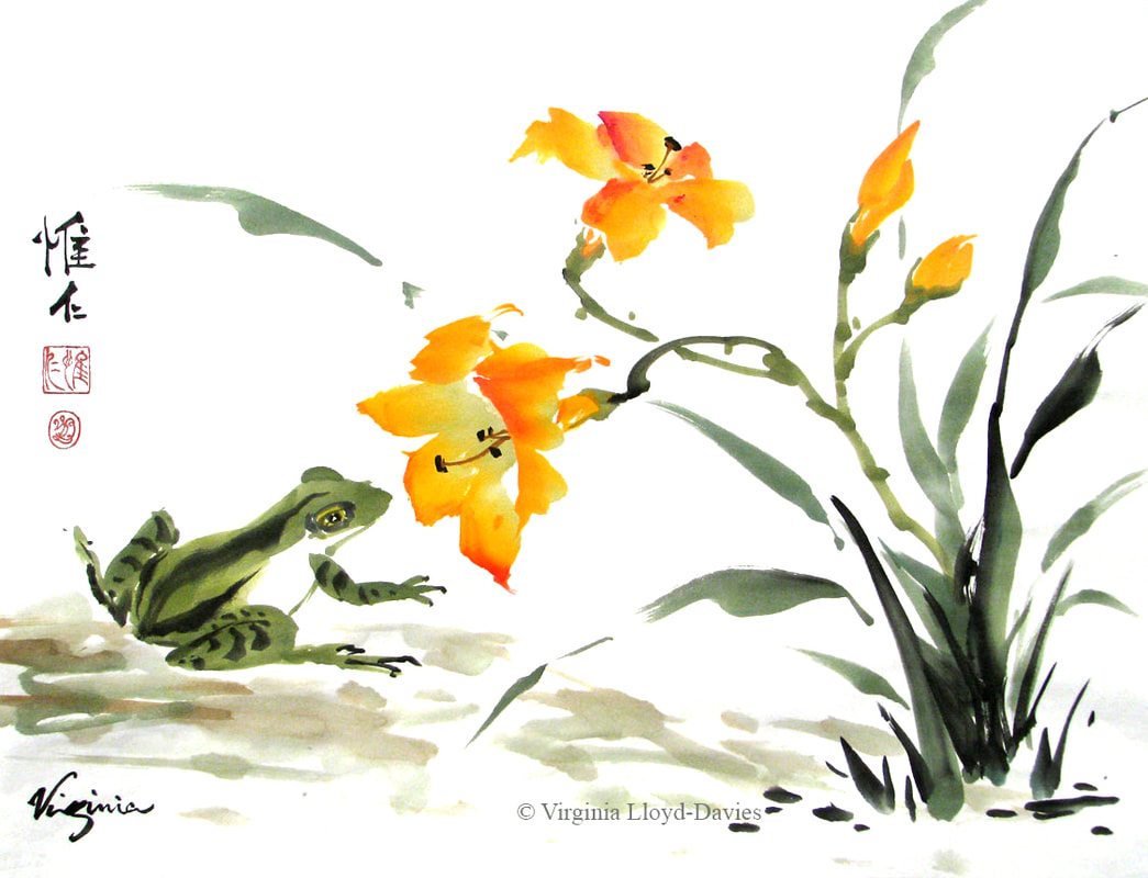 Green frog and orange daylily watercolor Picture