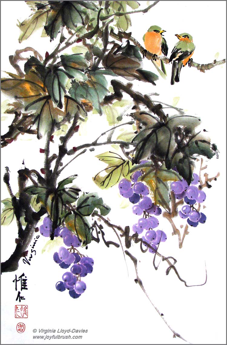 sumi-e purple grapes, orange breasted birds