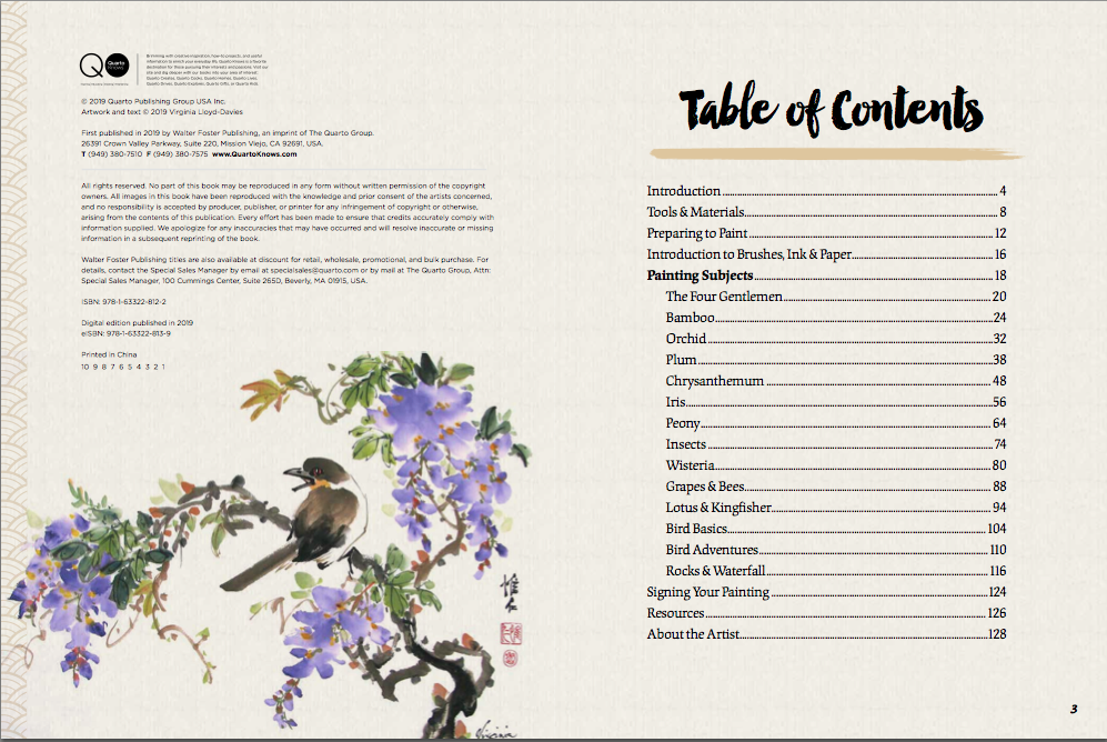 Chapter names and illustration of purple wisteria and bird Picture
