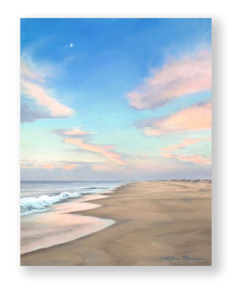 "A Moment in Time" is a peaceful pastel painting by acclaimed artist Ellen Rice that captures an expanse of sandy shoreline with the sky's twilight peaches and blues reflected in the gentle ocean water.