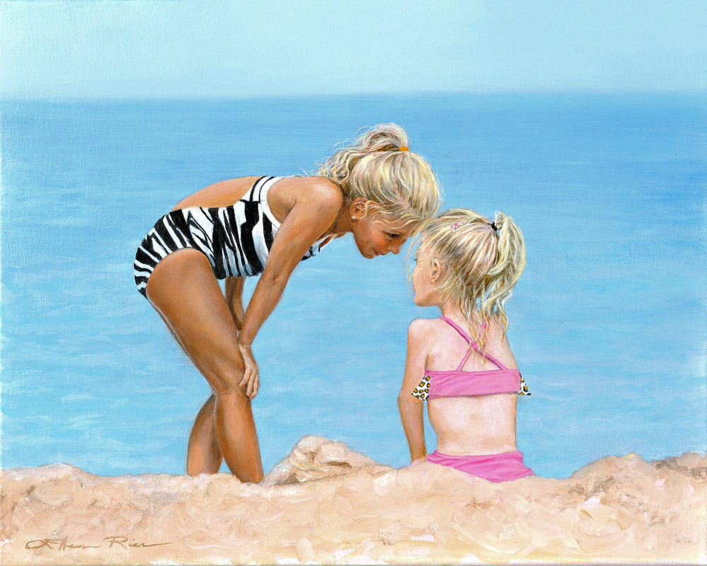 Contemporary oil portrait of two sisters exchanging a loving look on the beach.