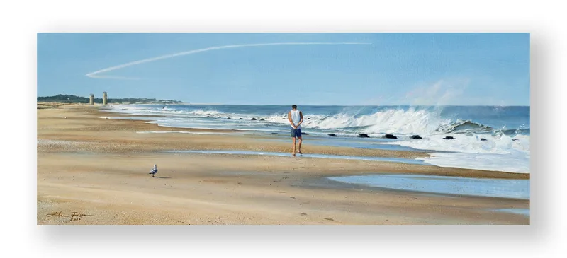 Oil painting of a returning soldier walking down a long beach toward one of Delaware's WWI Watchtowers.