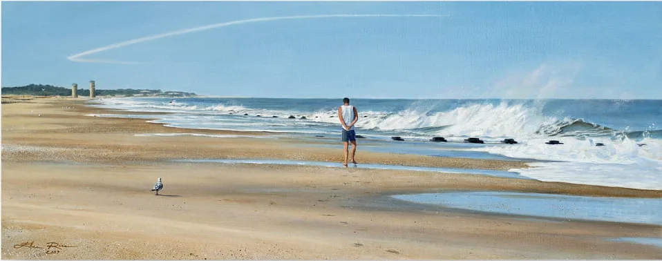 Oil painting by Ellen Rice of a man walking down the beach lost in thought while a seagull looks on.