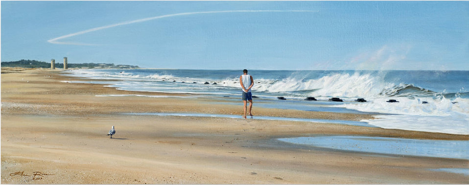 A lone soldier who has just returned from deployment  overseas walks down a beach.
