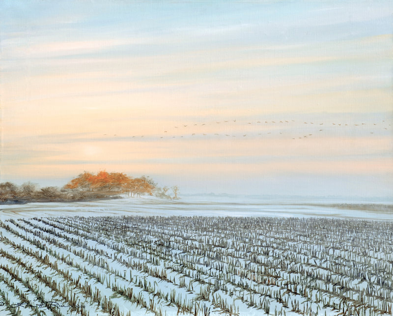 An autumn snow and brilliant fall foliage across a field of newly harvested corn are a reminder of family farms in Delaware, painted by longtime, globally collected artist Ellen Rice.
