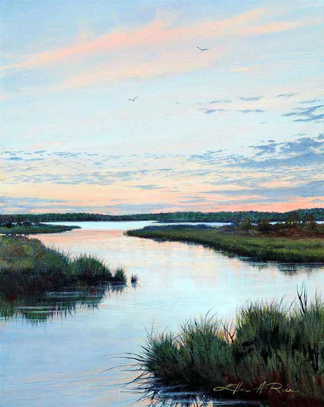 Oil painting by Ellen Rice of twilight over the back bay area of coastal Delaware.