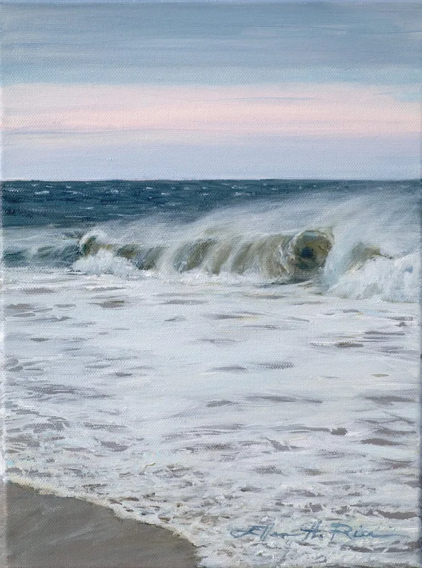 Soft morning light in the sky contrasts with wind blowing the tops off waves in Nor'Easter Blowing oil painting.