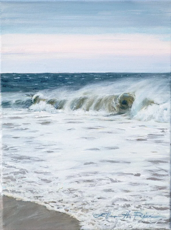 A stiff westerly wind blows sea spray off the tops in incoming waves in this softly lit oil painting.