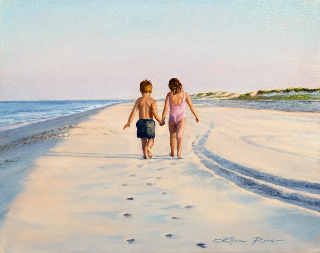 Contemporary painting of a young brother and sister holding hands as they walk together along the beach in Delaware Seashore State Park. The lighting is the soft colors of twilight in this Ellen Rice painting, 