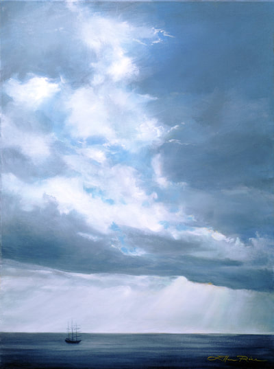 Rays of light reveal the silhouette of an old mail packet with sails down as a storm approaches in this Ellen Rice oil painting.