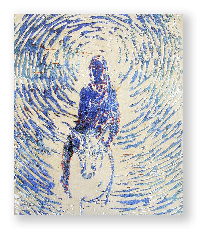 Image of a wood block print created by Ellen (Harris) Rice at age 13 of Jesus' mother, Mary, riding a donkey on the first Christmas morning.
