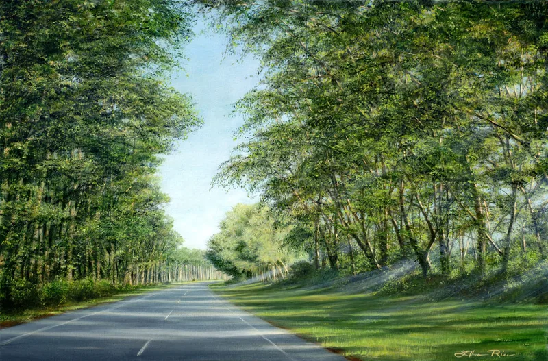 Oil painting of a tree-lined curving road on the way to a sunny destination.