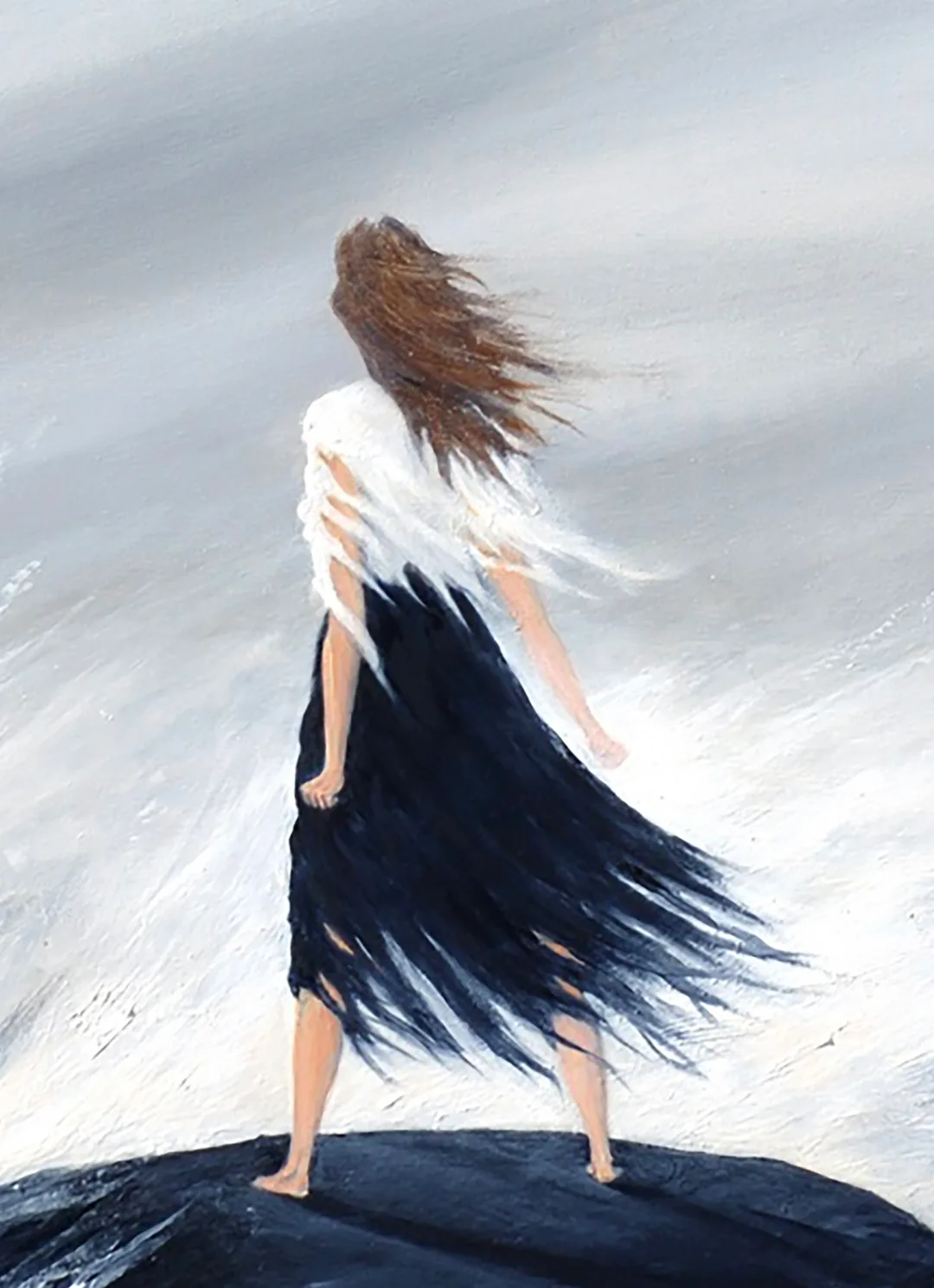 A woman stands on a slippery rock, fists closed at her sides,  clothes in tatters, facing into the raging winds and sea, standing strong.
