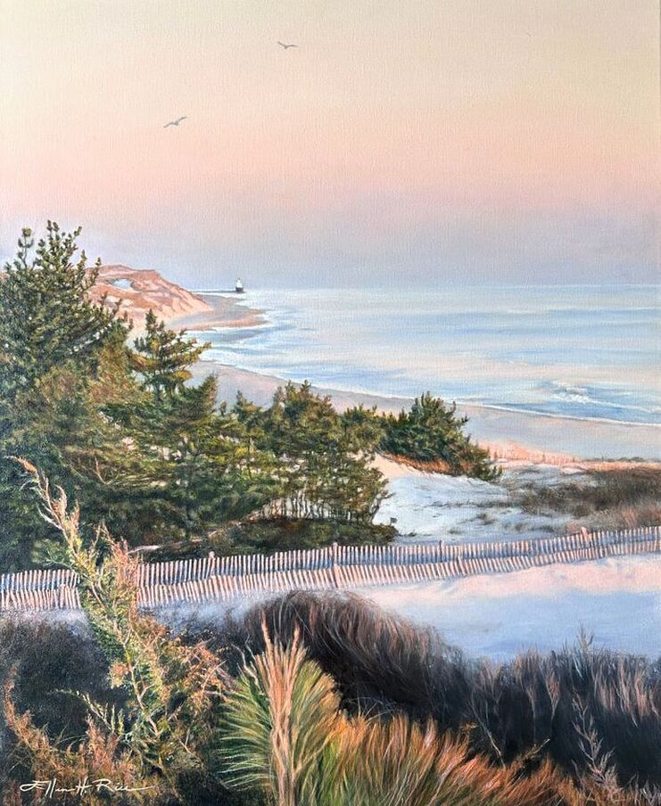 Dawn bathes Cape Henlopen from Herring Point to the Outer Breakwater Lighthouse in Cape Henlopen in a rosy glow in this oil painting by Ellen Rice
