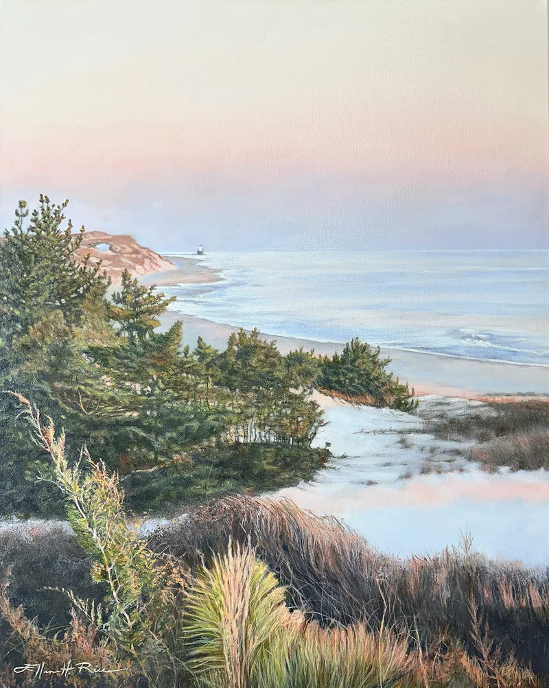 Rosy The colors of dawn bathe the coastline from Herring Point to the Harbor of Refuge Lighhouse in rosy light in this oil painting.