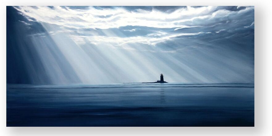 Streams of light pour down over the Delaware Bay silhouetting the Nantional Harbor of Refuge Lighthouse in this large Ellen Rice oil painting.