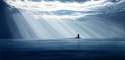 Light streams through clouds, silhouetting the National Harbor of Refuge Outer Breakwater Lighthouse in Ellen Rice's oil painting, Daybreak over Cape Henlopen..