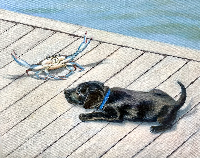 A black lab puppy encounters a lively blue fin crab in this painting.
