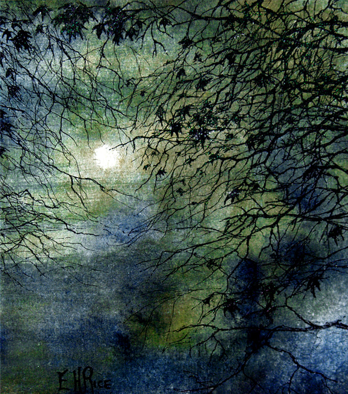 A bright moon and a ring around it silhouette stark tree branches in this little watercolor and ink painting by Ellen Rice.