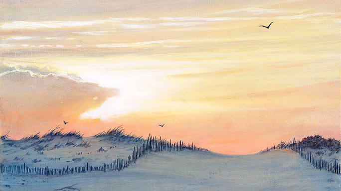 Oil painting of the sun setting over dunes and a path over the sand dunes, by contemporary Delaware artist Ellen Rice.