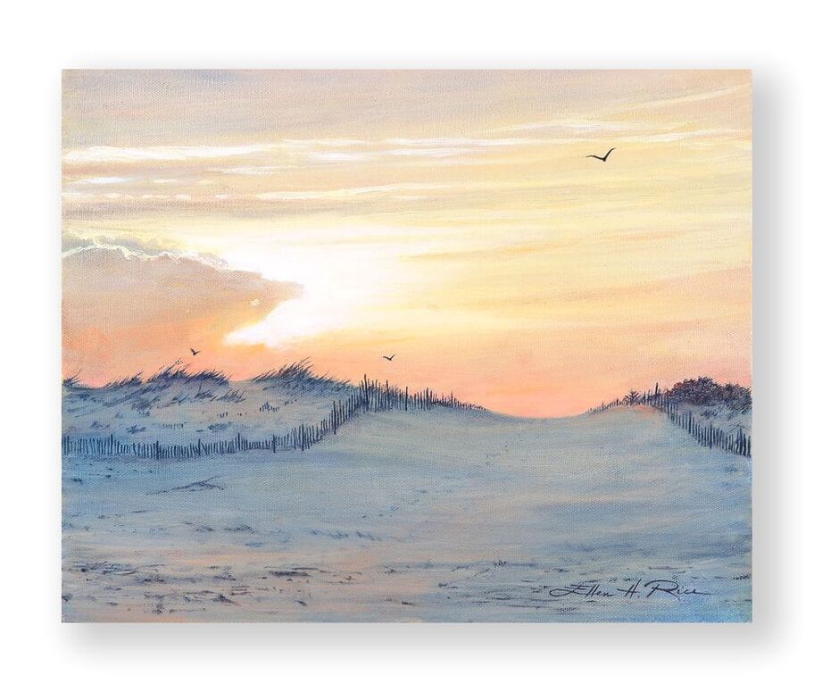 The sun sets over a dune, the end of a beautiful day at the beach. Seagulls glide overhead while dune grasses blow in a light breeze in this harmonious oil painting by well known Mid-Atlantic artist Ellen Rice.