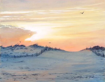 The sun sets over dunes at the end of a wonderful beach day with radiant colors silhouetting a couple of seagulls soaring toward the bay on the other side.