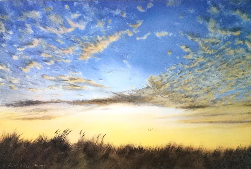 A brilliant blue and gold oil painting inspired by sunset over local beach dunes and Jonathon Livingston Seagull.