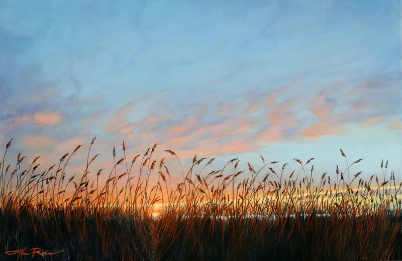 An orange sun sets behind marsh grasses and lights clouds from beneath, creating a radiat sky in this oil painting by Ellen Rice.