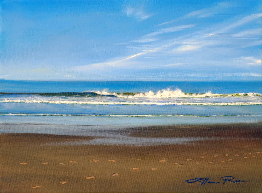 Two sets of footprints combine into one telling a story of their on in Ellen Rice's peaceful off-season Bethany Beach area oil painting 