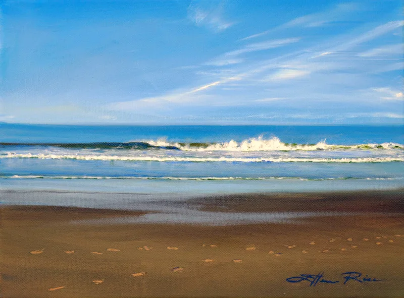 Footprints come together in wet sand in this oil painting by Ellen Rice of an evening stroll on a deserted beach in the golden light of sunset.