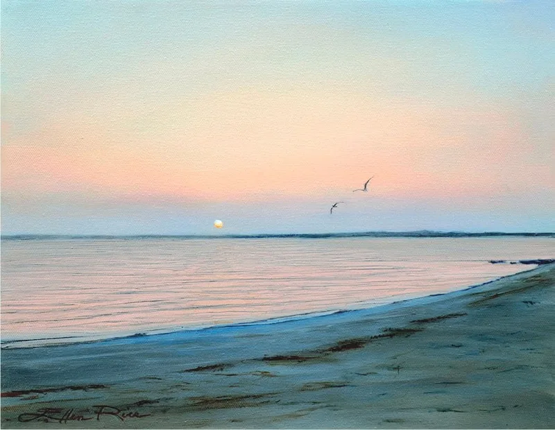 Two seagulls gliding in harmony grace the sky of this oil painting of Rehoboth Bay near sunset by Ellen Rice.